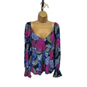 Sofia Vergera Babydoll Floral Top Blouse Womens XL Ruched Colorful Soft Vacation